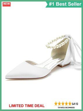 Pointed Toe Satin Pearl Wedding Flats with Ankle Strap